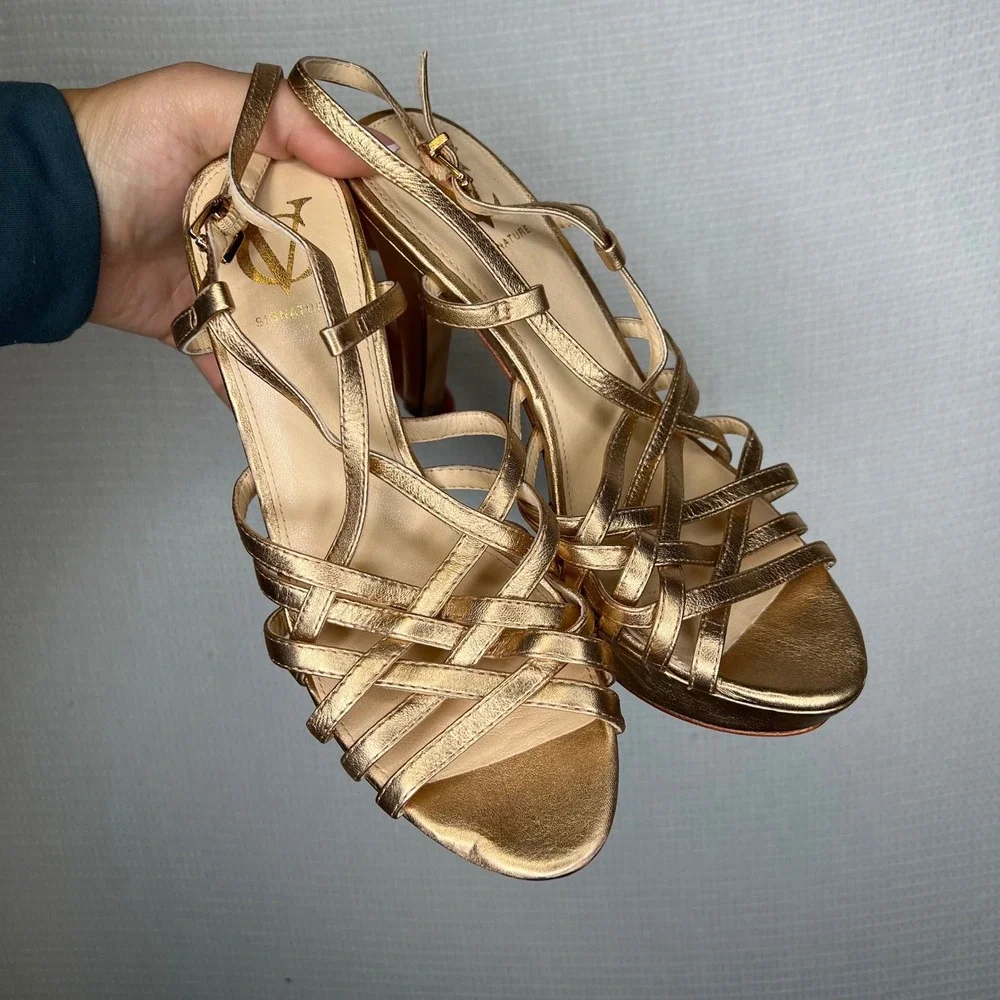 Vince Camino VC Signature Metallic Gold Strappy‎ Heels Toe Ankle Strap Sz 8 / 38